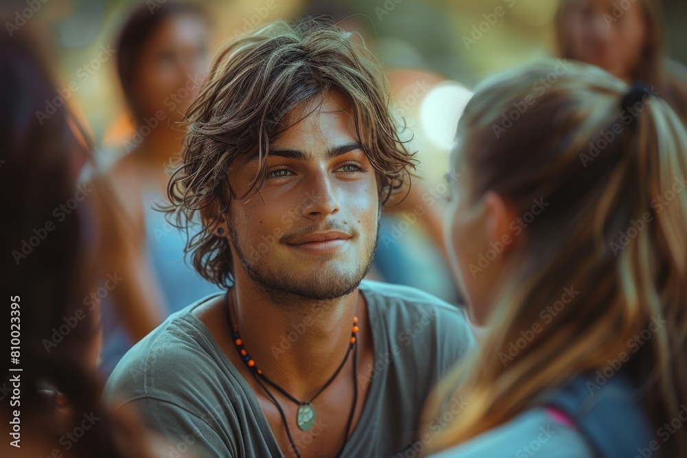A young man with long hair sitting outdoors, attentively listening in a group setting, with a warm, engaging expression. A young man with long hair sitting outdoors, attentively listening in a group setting, with a warm, engaging expression.
