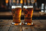 Two glasses of beer on a wooden table in a pub,  Bar background