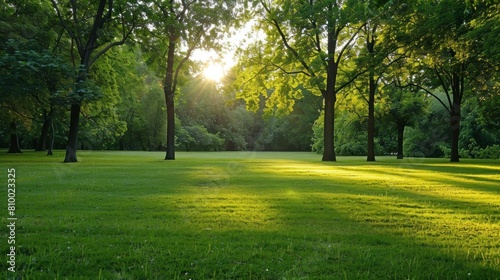 beautiful park with a meadow and wooded area in a sunrise photo