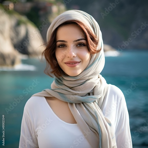 AI generated illustration of a portrait of a lady in a white shirt with a gray headscarf