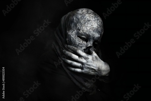 Scary zombie woman in a dark room with smoke,  Halloween theme