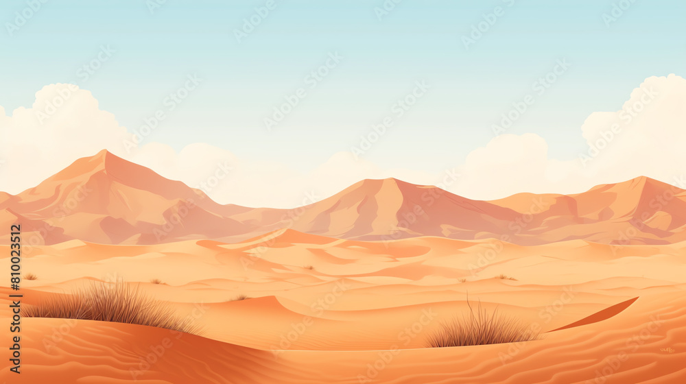 The image shows a vast desert landscape with rolling sand dunes and rugged mountains in the distance.