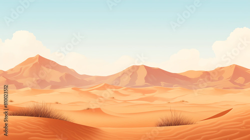 The image shows a vast desert landscape with rolling sand dunes and rugged mountains in the distance.