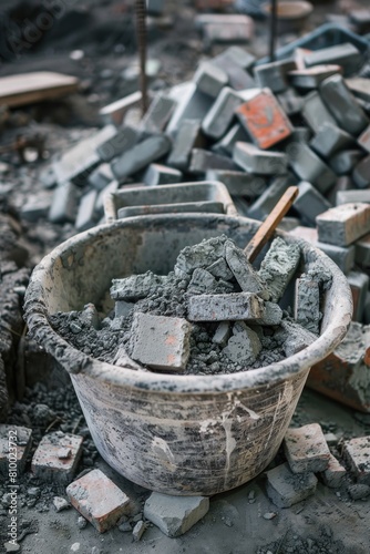 A bucket full of bricks on top of rubble. Suitable for construction themes © Ева Поликарпова