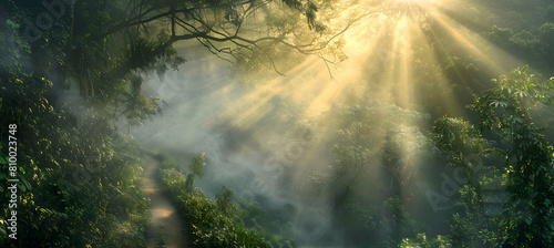 A mysterious path winding through a cloud forest, covered in mist, with rays of sunlight piercing through the dense canopy