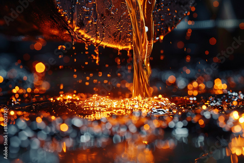 The fluid motion of pouring metal captured in a still image, highlighting the perpetual motion of manufacturing 