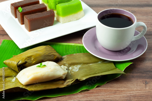 Breakfast with coffee and Malaysian sweet dessert cake photo