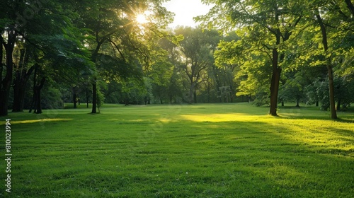 beautiful park with a meadow and wooded area at sunrise in high resolution and quality