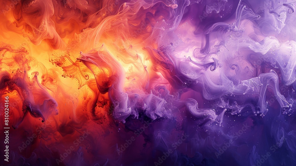 Intense fusion of fiery orange and cool lavender mists swirling in a vibrant clash