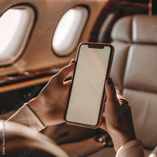 Close-up of Female Hands Holding Smartphone in Luxury Private Jet Cabin with Elegant Interior, Sunlit Atmosphere with Blank Screen phone mockup.