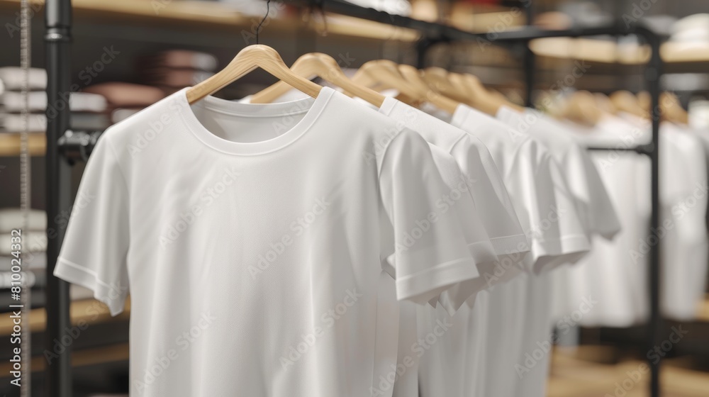 Blank white t-shirt mockup displayed on a clothing rack in a retail store Blank white t-shirt mockup displayed on a clothing rack in a retail store