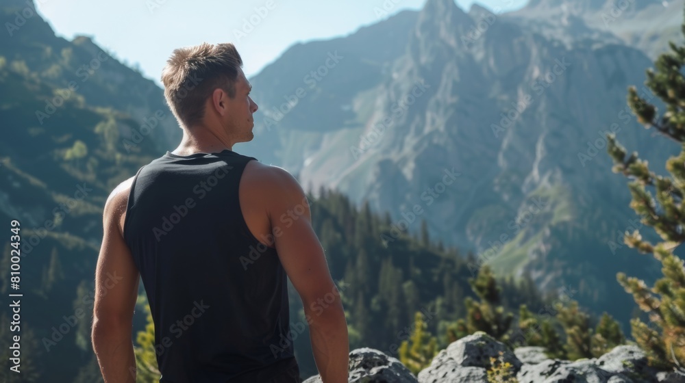 healthy man wearing a blank black tank top mockup while hiking in the mountains healthy man wearing a blank black tank top mockup while hiking in the mountains