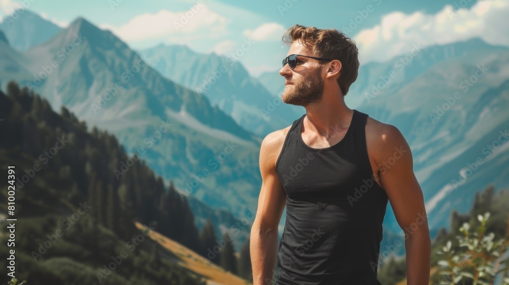healthy man wearing a blank black tank top mockup while hiking in the mountains