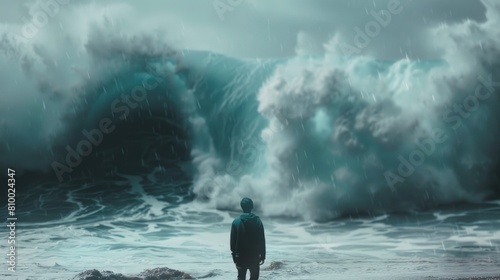 A person standing in front of a large wave. Suitable for travel and nature concepts