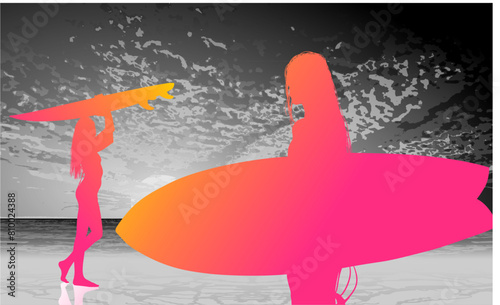 surfistas, contraluz, vector, tabla, surf, mar, atardecer, mujer surfista, silueta, tablista, ilustracion, arte surf, rosa, surfista en la playa, chica surf, mujer