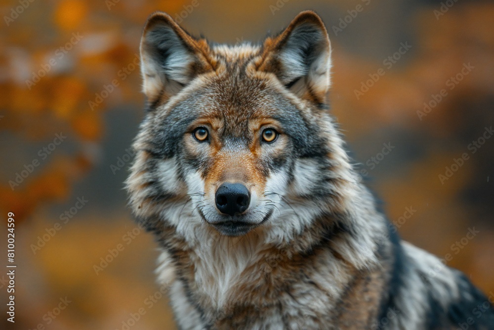 Close-up portrait of a wolf in the autumn forest,  Animal portrait