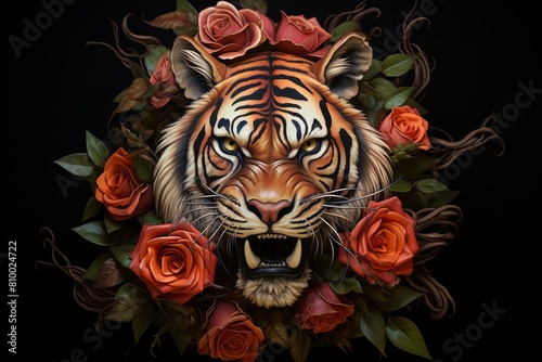 Tiger head roses. Summer wild. Generate Ai