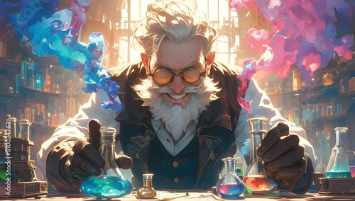 A crazy scientist with white hair and a beard, wearing glasses is in his laboratory, surrounded by colorful glowing smoke.  photo