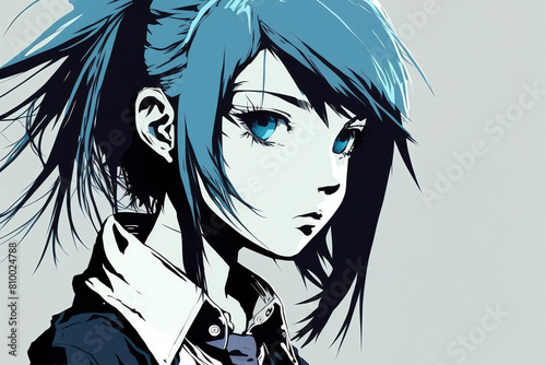 Anime character girl with blue hair and eyes portrait