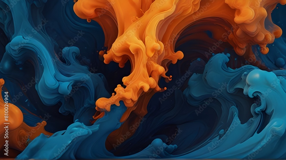 Obraz premium Vivid Ink Fusion: Dynamic Blue and Orange Liquid Abstract - High-Quality 3D Digital Art,abstract, vibrant, dynamic, fluid, creative
