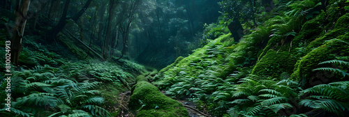 A narrow gulley winding through a dense forest, the soft moss and ferns lining its banks creating a vivid green path that leads into the distance photo