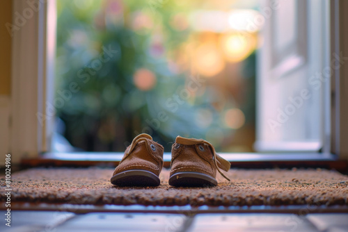 The image of a childs small shoes at the doorstep, a reminder of the innocence that deserves protection and care  photo