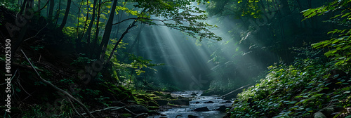 A narrow stream winding through a dense, misty forest, with rays of sunlight piercing through the canopy above photo