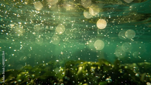Bubbles and bokeh underwater in clear green ocean of California photo