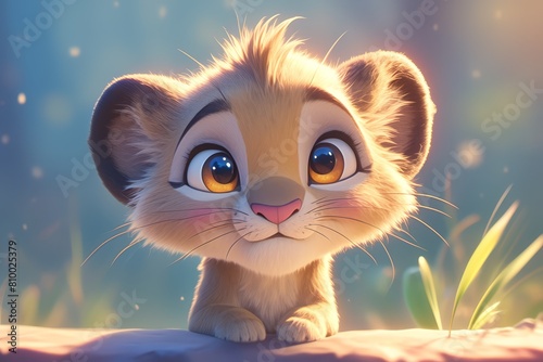 A cute baby lion  background of savanna grasslands. The little lion has fluffy fur with a golden mane  big eyes  and expressive facial expressions that convey its innocence and curiosity. 