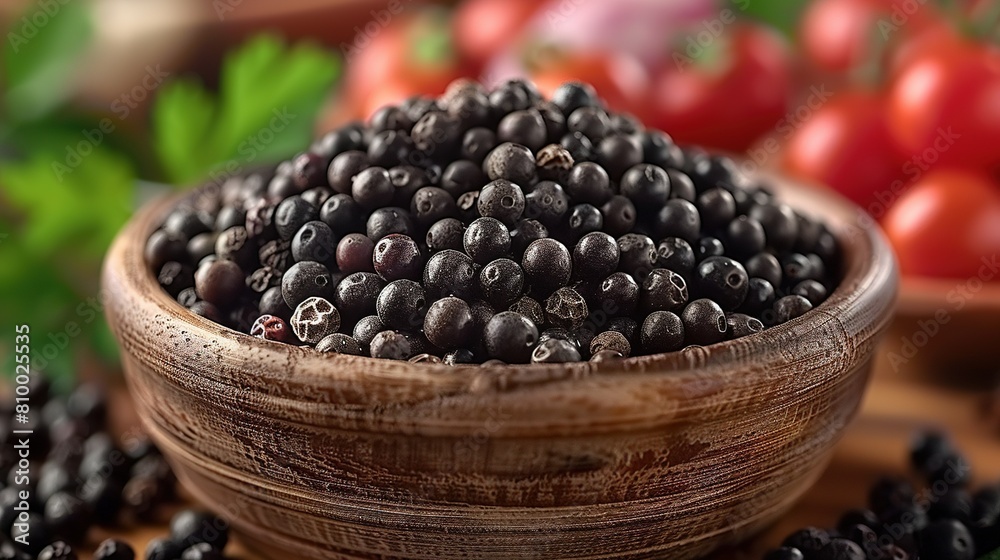  Wooden bowl with blackberries on table near tomatoes and vegetables