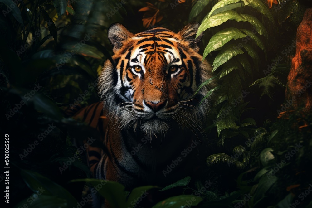 Tiger jungle aesthetic. Wildlife majestic predator in wild forest. Generate ai Tiger jungle aesthetic. Wildlife majestic predator in wild forest. Generate ai