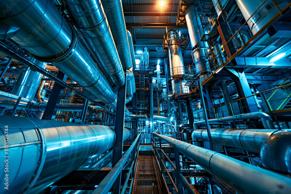 The intense environment of a chemical processing unit, with reactors and piping system dominating the industrial scene The intense environment of a chemical processing unit, with reactors and piping system dominating the industrial scene