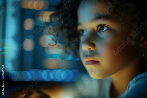 Young boy staring at a computer screen with a lot of code on it