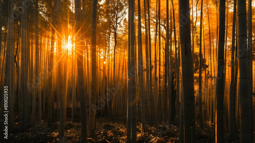 A panoramic view of a bamboo forest during the golden hour, with the sun casting golden tones on the tall stalks photo