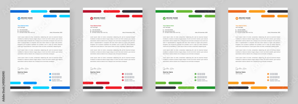 Modern creative letterhead template with yellow, blue, green and red color layout. Company stationery design, letterhead, letter head, Business letterhead design.