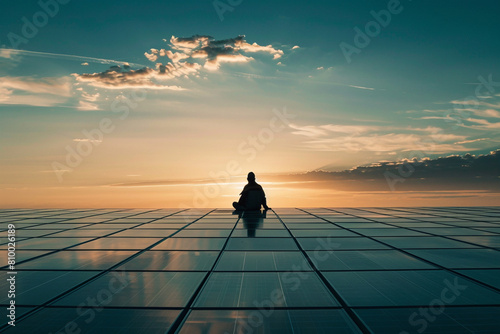 The lone figure of a worker overseeing the vast expanse of a solar farm, the intersection of renewable energy and industry