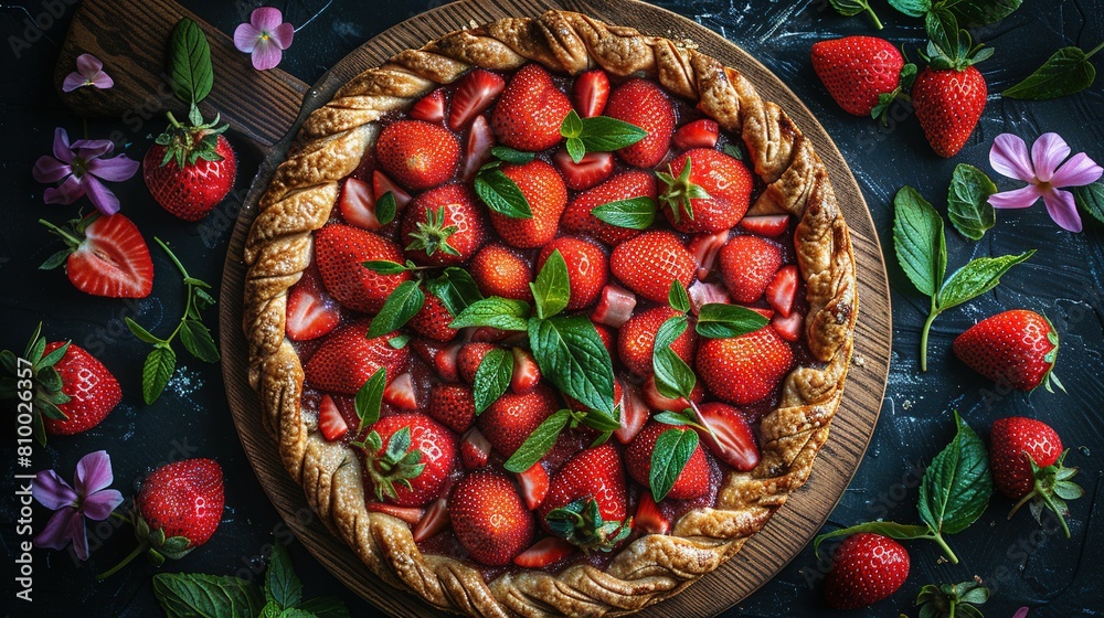   A close-up of a pie on a table surrounded by strawberries and flowers