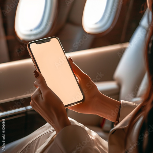 Woman Using Smartphone on Airplane or private jet, Close-Up of Hand Holding Device with Blank Screen phone mockup