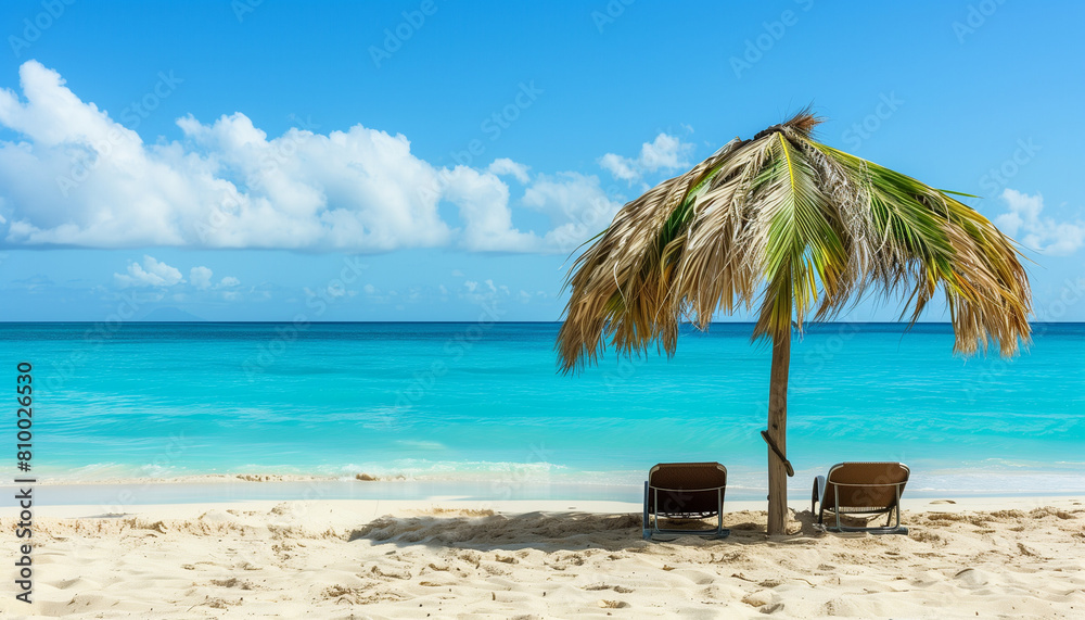 Two empty seats under a palm leaf umbrella set on a sandy beach contrast with the beautiful blue sea in the background, encouraging you to stop and immerse yourself in the pleasure of the moment. Two empty seats under a palm leaf umbrella set on a sandy beach contrast with the beautiful blue sea in the background, encouraging you to stop and immerse yourself in the pleasure of the moment.