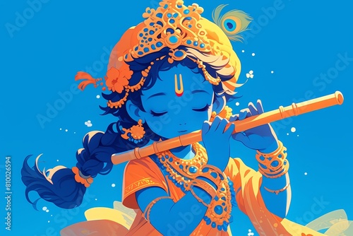 A cute illustration of the adorable lord krishna playing flute photo