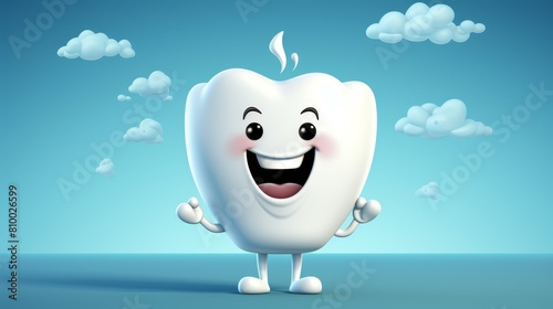 Tooth smile, healthy and bright mascot for kids. 3d render, Dental cartoon for advertising oral hygiene concept.