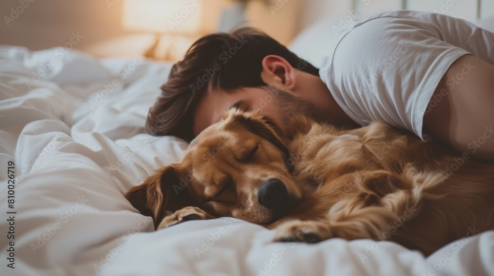 A man and his dog are sleeping together on a bed A man and his dog are sleeping together on a bed