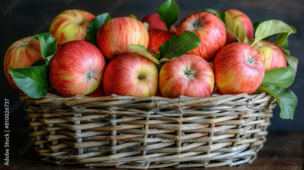 Red and yellow apples in a wicker basket on a wooden table Green leaves on top Red and yellow apples in a wicker basket on a wooden table Green leaves on top