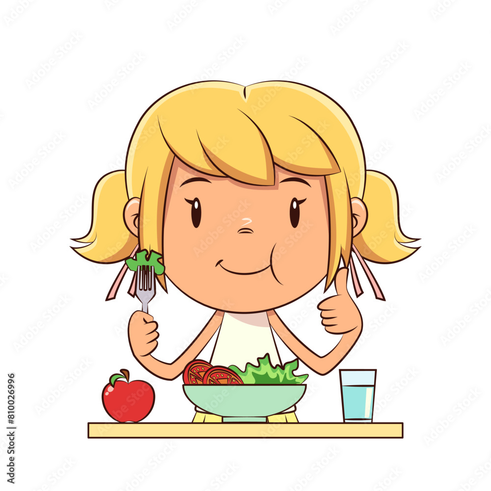Happy girl eating salad, apple, glass of water Happy girl eating salad, apple, glass of water