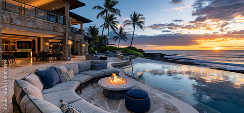 A luxury outdoor patio with an elegant fire pit, comfortable seating areas, and a view of the ocean at sunset in Hawaii. The photo captures a highend beach house with modern architecture and a pool 