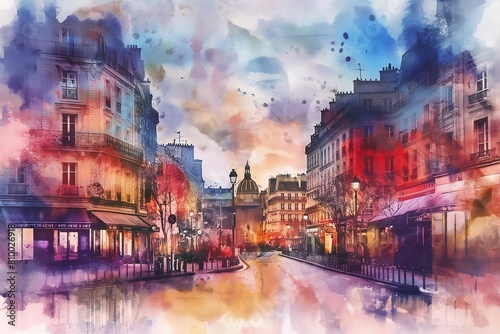 Una vibrante imagen de una calle de una ciudad muy colorida al estilo europeo