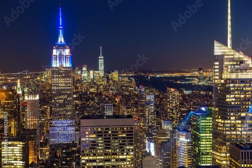 View over Empire State Building & skyline at dusk, Manhattan, New York, U.S.A