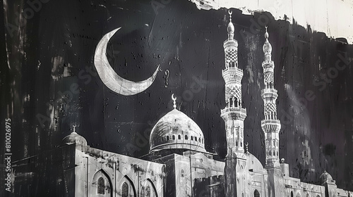 Black and white view of the mosque