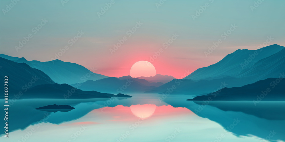Minimalist surreal landscape concept background poster. Boho style horizontal banner. Sunset or dawn, sunrise, sea, waves, mountains. Digital illustration, photo style. AI artwork.