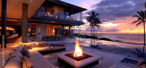 A luxury outdoor patio with an elegant fire pit, comfortable seating areas, and a view of the ocean at sunset in Hawaii. The photo captures a highend beach house with modern architecture and a pool 